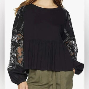 Free People embellished penny black long sleeve sheer  sleeve detail top tee